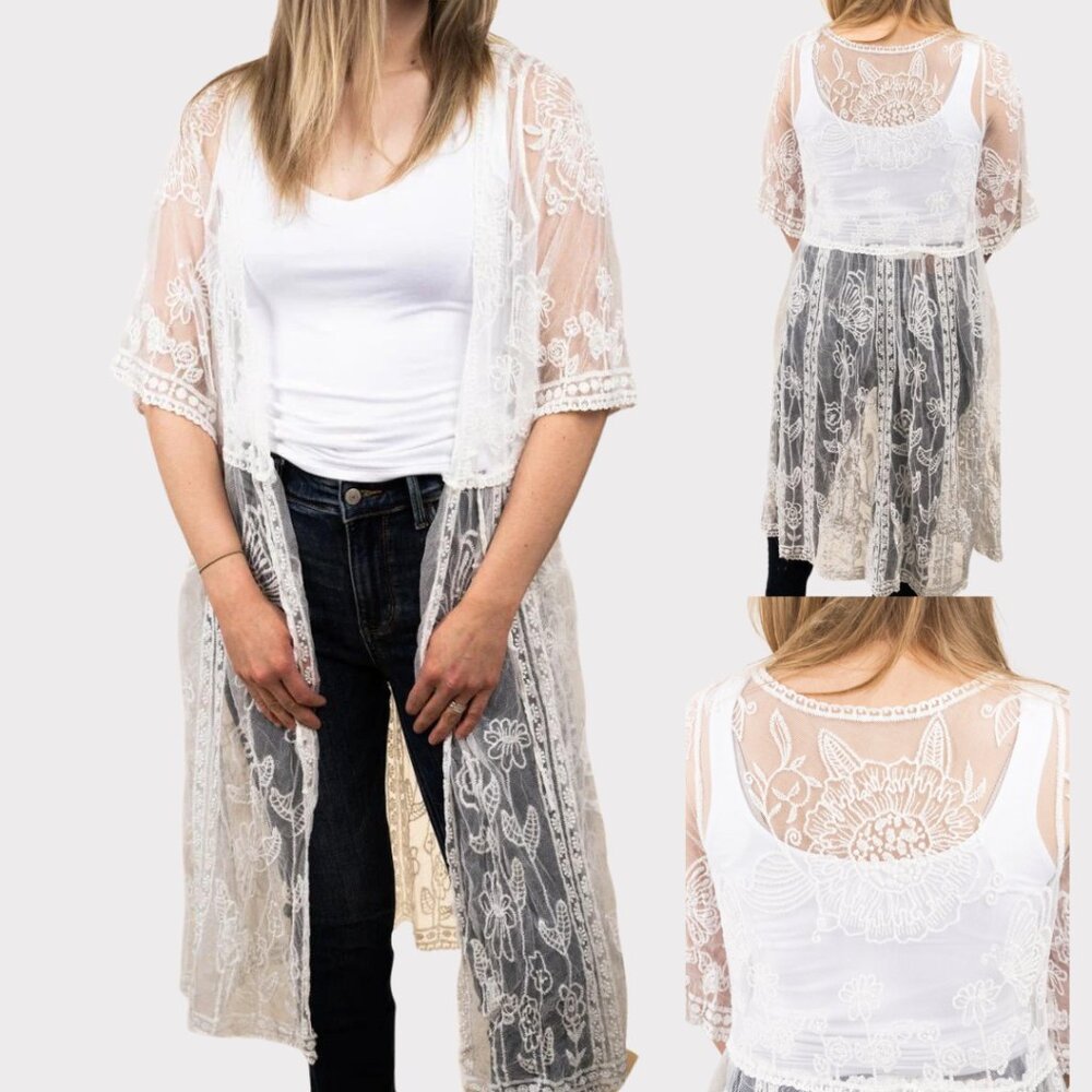 LIB Ivory Lace Duster‎ Kimono Floral Embroidered One Size NWT
